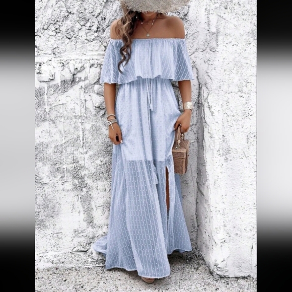 Women's Off Shoulder Swiss Polka Dot High Slit Dress Maxi Vacation Beach Outfit - Picture 3 of 5